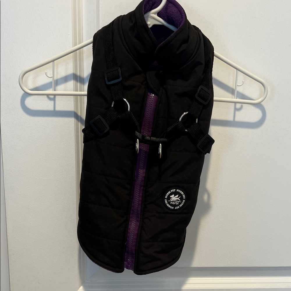 NORBI Black and Purple Winter Puffer Dog Jacket with Built in Harness